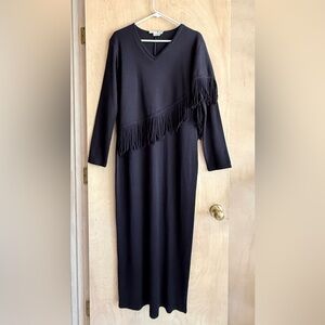 Vintage Maggy London Black Maxi Sweater Dress Fringe Shawl Wool Blend Sz L